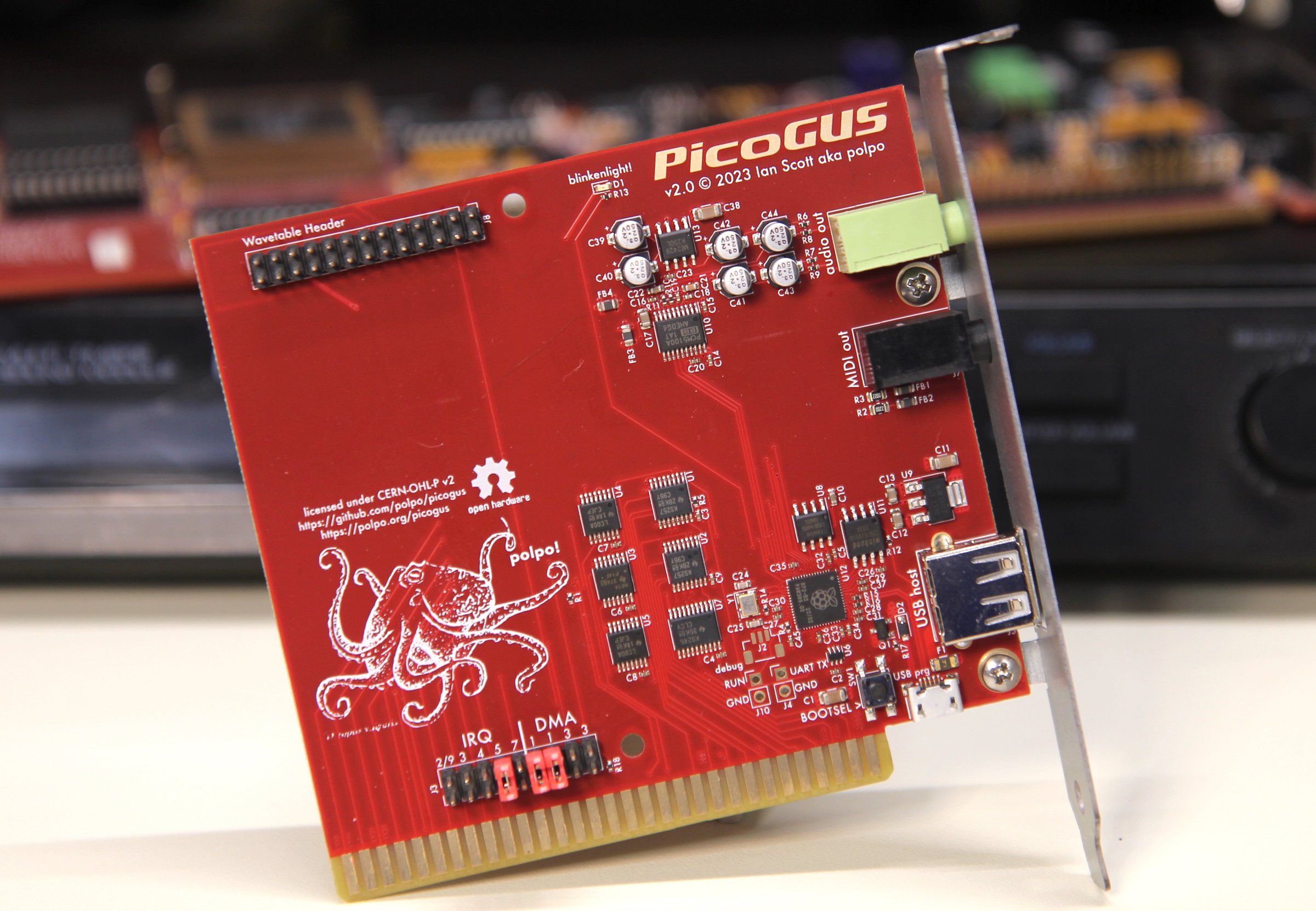 The PicoGUS 2.0 board in a deep red color. There is no Pico board on this version - everything is directly on the board.