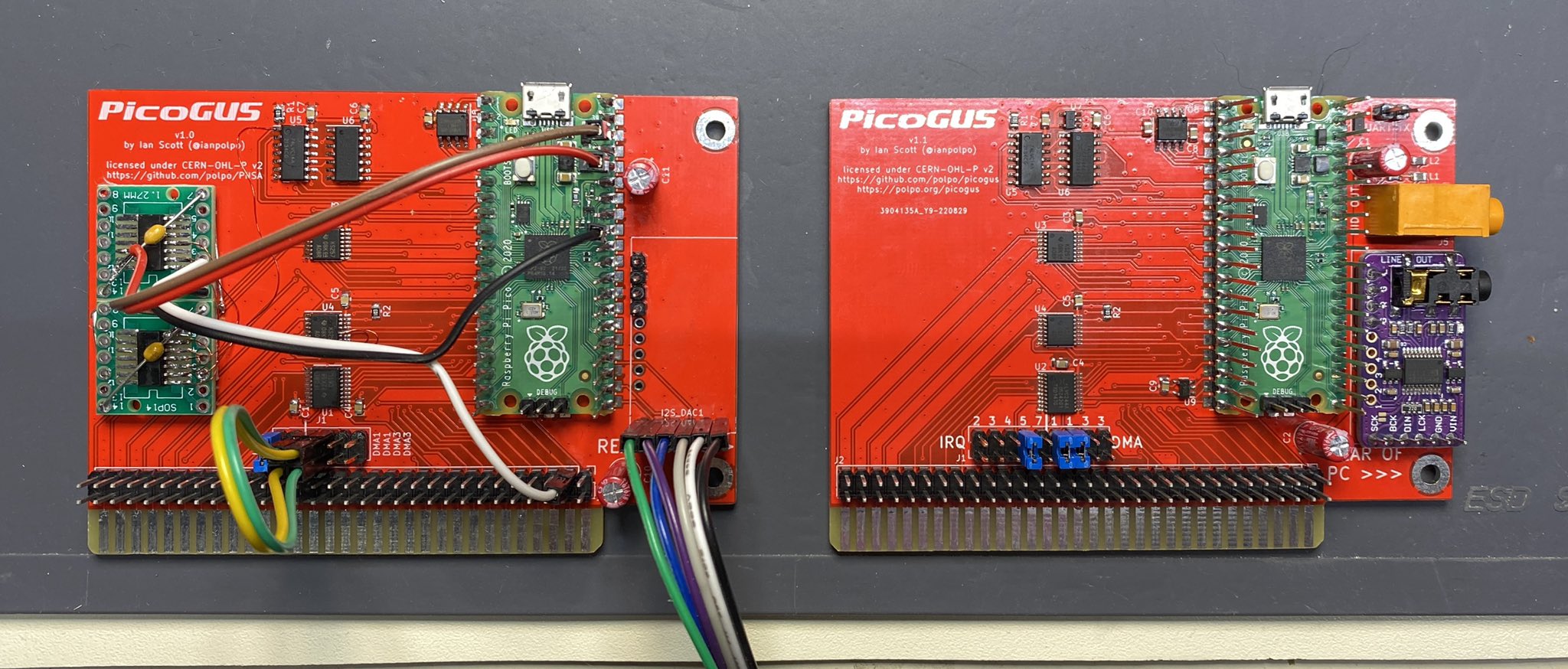 A PicoGUS v1 next to a PicoGUS v1.1