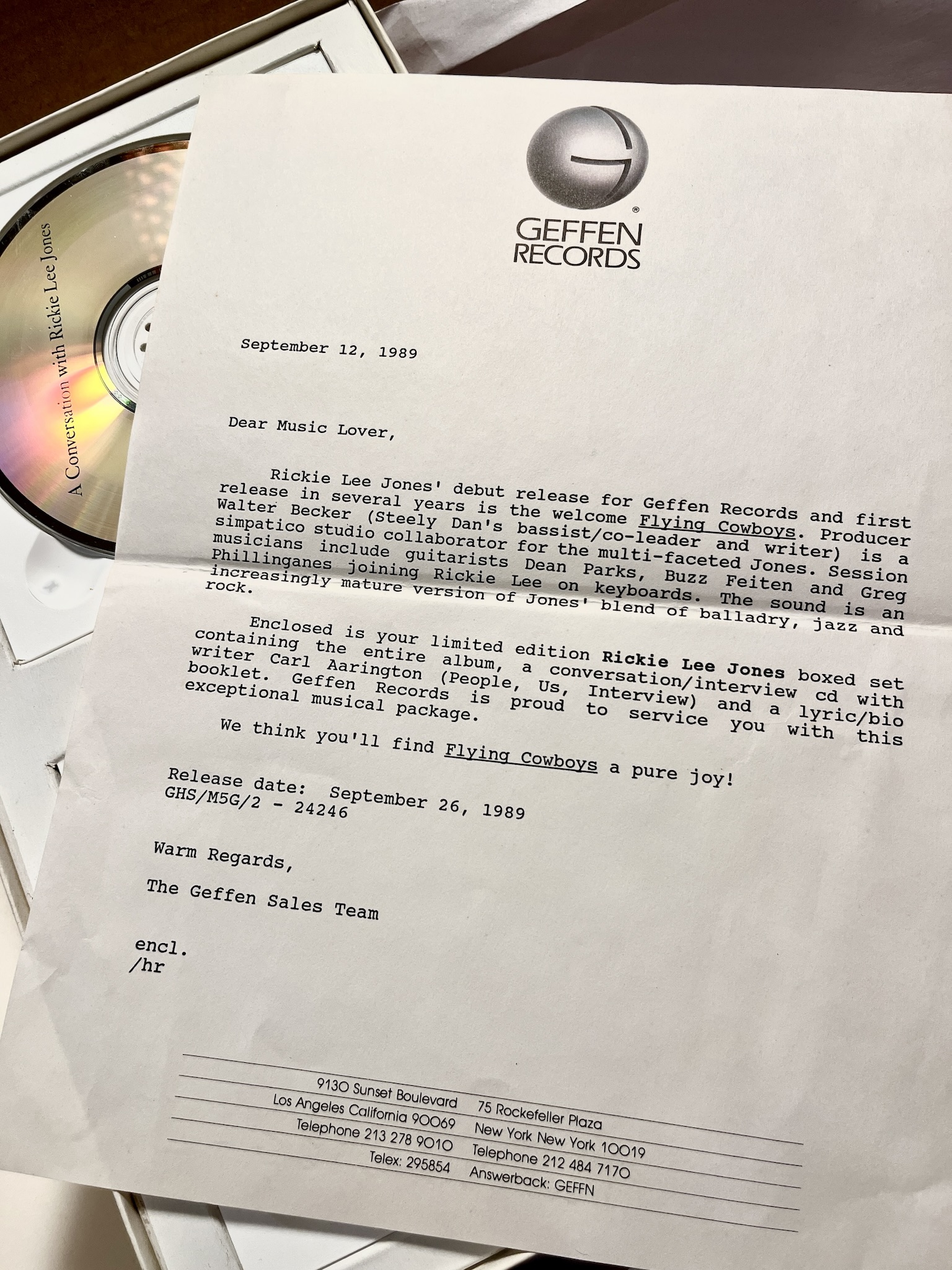 Letter from Geffen Records about the Flying Cowboys box set